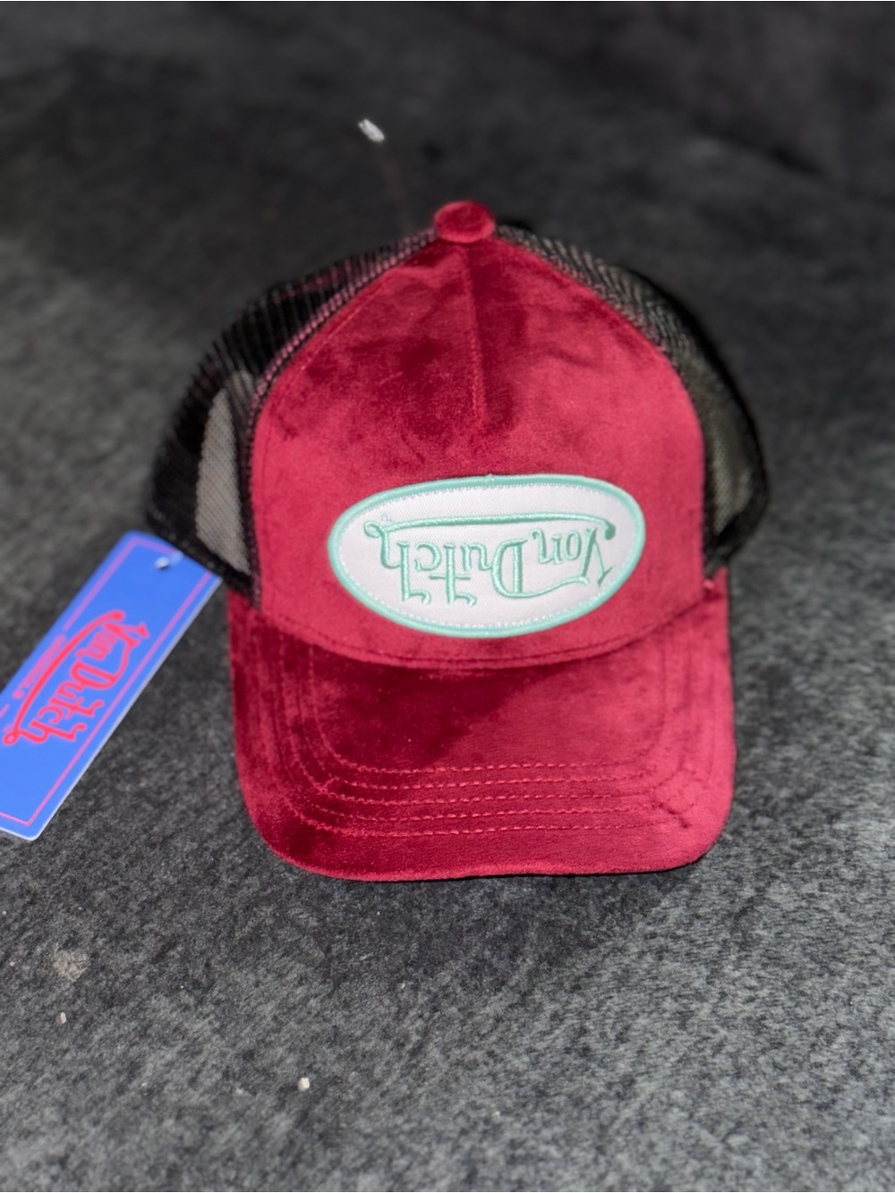 Von Dutch Burgundy Velvet Trucker Hat with Black Mesh